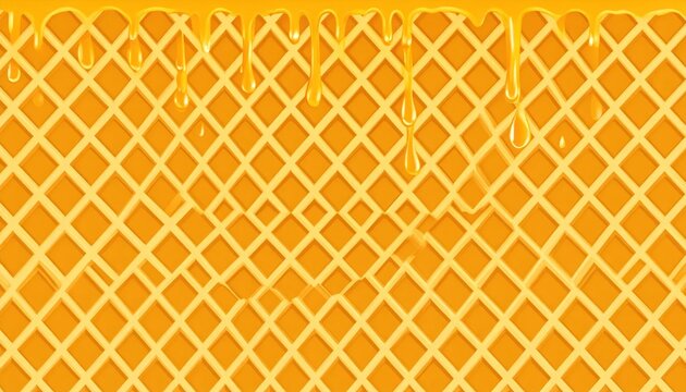 Golden waffle grid with flowing syrup droplets.