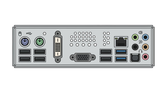 Vector illustration of a computer motherboard rear I/O panel with various ports and connectors