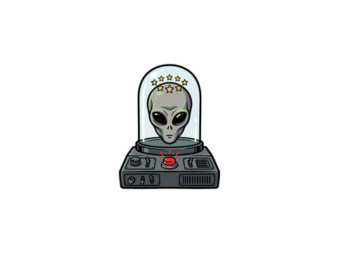 Alien Head With Star Crown Inside A Glass Dome On A Gray Control Base With Red Button And Knobs Vector Illustration