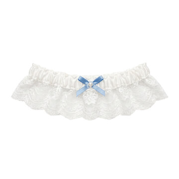 Elegant white lace garter with blue satin bow and pearl accent