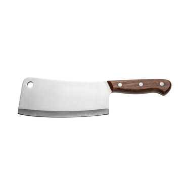 Professional stainless steel meat cleaver with a wooden handle on a white background