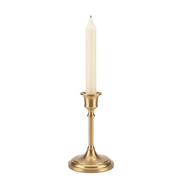 Elegant brass candlestick with a tall ivory candle on a clean white background