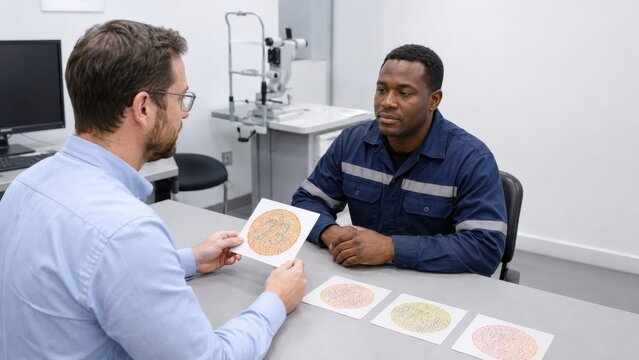 Optometrist testing worker color vision for occupational safety