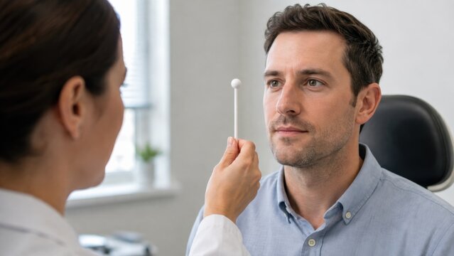 Optometrist testing patient vision with fixation wand