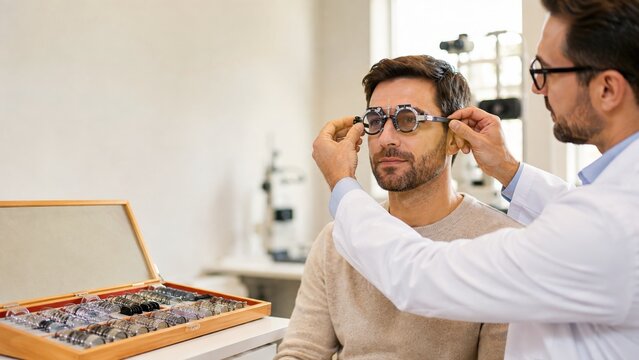 Optometrist fitting trial lenses for patient eye exam