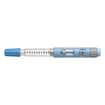 Blue insulin pen injector with dose counter and cap on white background