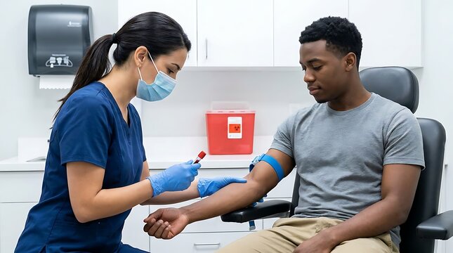 Phlebotomist in blue scrubs wears surgical mask while preparing blood draw from male patient arm using medical tourniquet for health diagnostic testing in clinic.