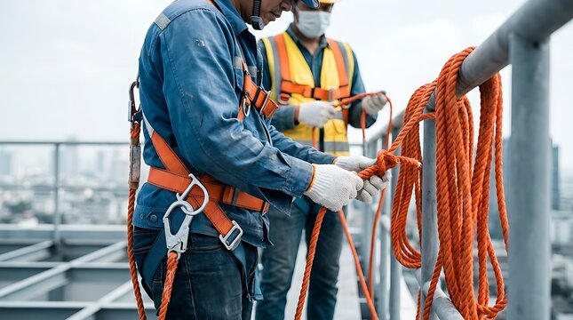 Close-up of construction workers wearing safety harnesses tying ropes on rooftop for fall protection system, teamwork and safety measures at heights.
