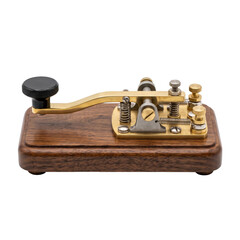 Vintage Morse code telegraph key with brass lever on a wooden base © maximon4ik
