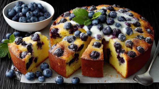 Blueberry sourdough cake sits on parchment paper, sliced with fresh blueberries and mint leaves enhancing its delightful appearance