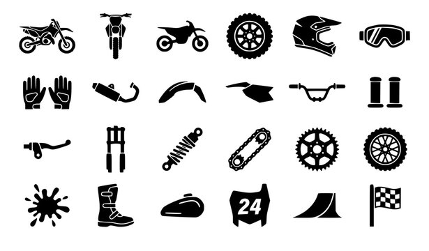 Minimalist Dark Teal Offroad Dirt Bike Icon Set with Motocross Motorcycle Helmet Tires and Trail Riding Equipment Vector Collection