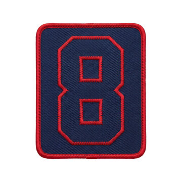 Embroidered number 8 patch with red outline on dark blue fabric
