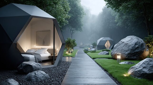 Unique hexagonal house features dark materials and blends harmoniously with the surrounding forest and grassy rocks, enhancing tranquility