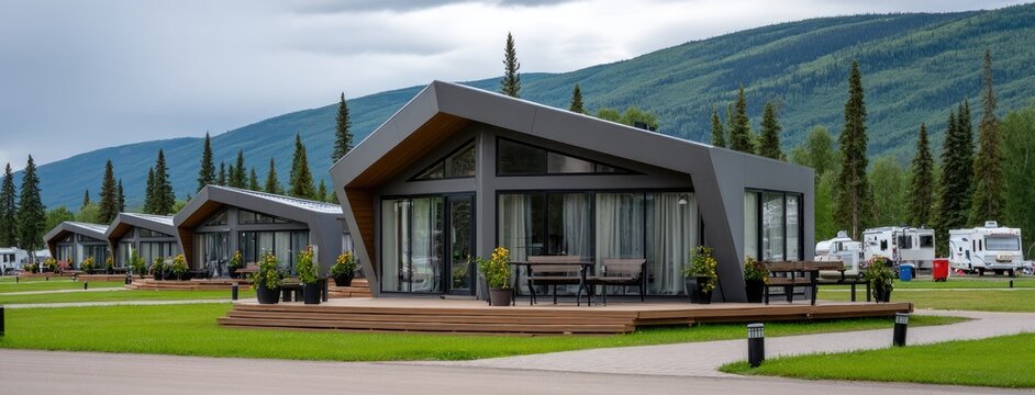 Contemporary metal A-frame house features cozy furnishings, wooden steps, and a natural setting with greenery and hills in the background