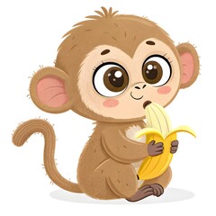 Obraz premium Cute cartoon monkey eating banana