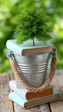Stack of colorful books next to a small tree in an aluminum bucket against a soft wall background, perfect for education and inspiration
