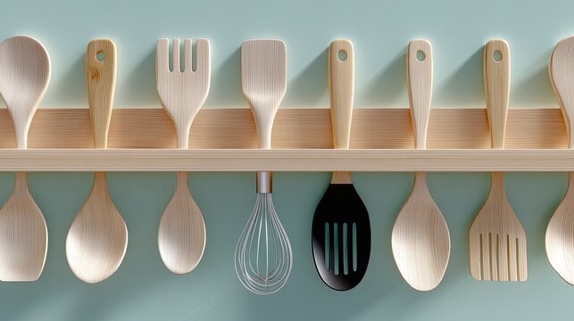 Wooden kitchen utensils are neatly displayed on a wooden shelf, enhancing the warmth and functionality of the cooking area