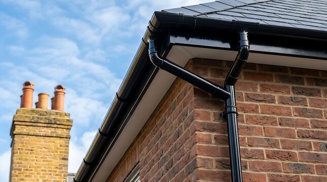 Modern black seamless gutter system installed on brick house roof with tile roofing and chimney, blue sky background, exterior home improvement.