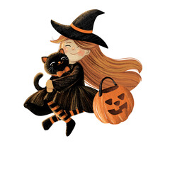 Halloween illustration of young witch and her pet cat