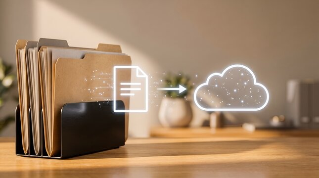 Cloud document migration showing physical paper folders transforming into digital data storage archive
