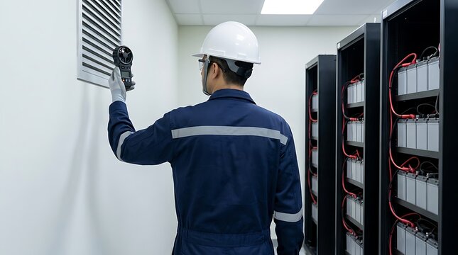 Technician in hard hat uses anemometer to measure airflow from ventilation grate in server room with battery racks.