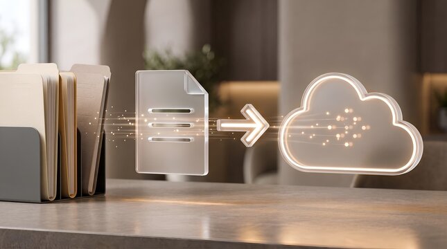 Enterprise cloud migration strategy showing digital document icon transferring data to glowing cloud server network