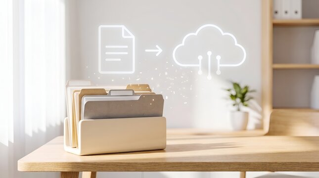 Paperless office transformation showing physical document folders converting to digital cloud storage archive