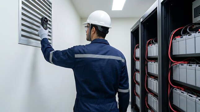 Technician in hard hat uses anemometer to measure airflow from ventilation grate in server room with battery racks.