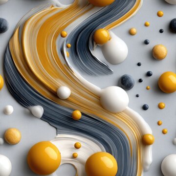 Swirling patterns of yellow and blue liquid create an abstract marbling effect on a dark grey surface adorned with golden glitter SEAMLESS PATTERN