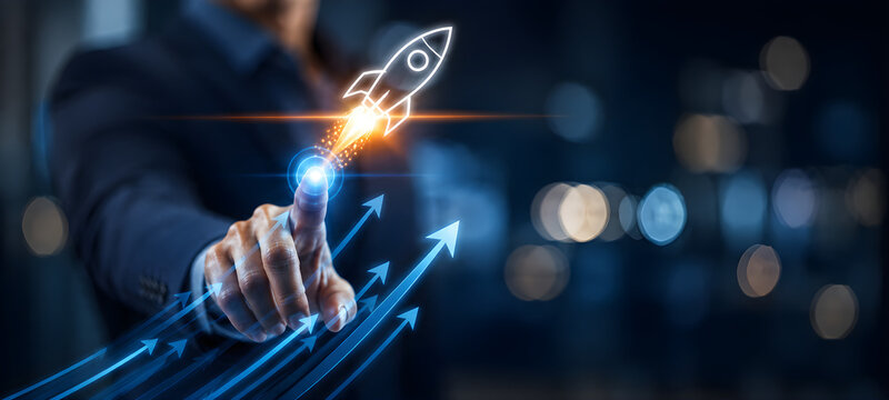 Businessman finger launching glowing rocket icon above upward rising arrows for startup acceleration and growth

