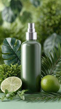 A product bottle for beauty and personal care is displayed with lime and palm leaves, enhanced by a refreshing spray of water