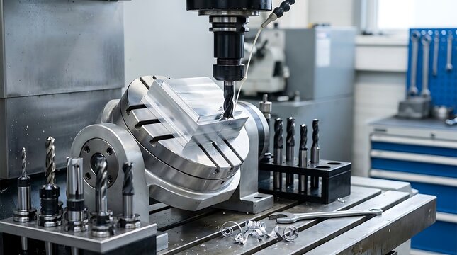 Industrial metal milling machine performs precise mechanical cutting of aluminium workpiece with carbide end mill tool on a rotating trunnion fixture workspace.