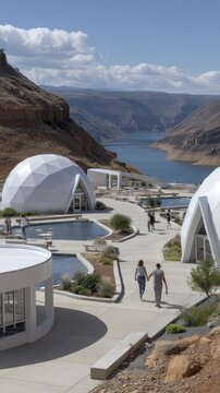 People enjoy a vibrant blue lagoon pool surrounded by fluid architecture and rugged hills, creating a stunning futuristic atmosphere