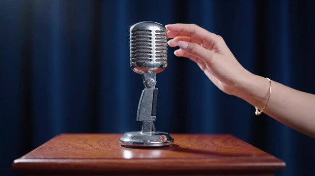 A woman's hand tentatively touches and adjusts a classic vintage chrome microphone standing on a wooden podium against a dark blue stage curtain.