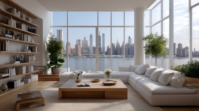 Spacious living area offers a serene atmosphere with sunset views, elegant furniture, and modern design featuring large windows