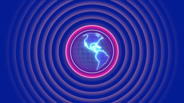 Rotating neon earth globe with pulsing circular background animation