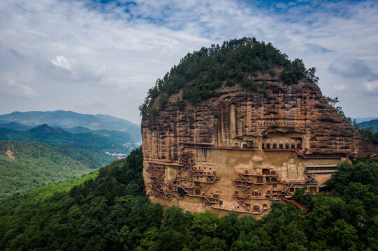 Maijishan Grottoes Aerial View - Ancient Buddhist Cave Temples, China