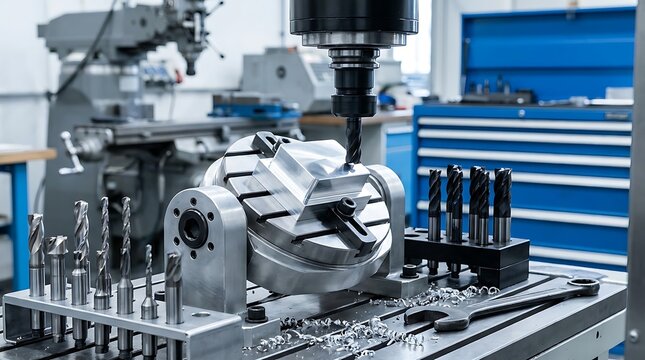 Industrial metal milling machine performs precise mechanical cutting of aluminium workpiece with carbide end mill tool on a rotating trunnion fixture workspace.