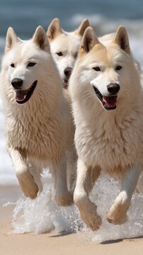 Three energetic huskies dash through the surf on a beach, their fur glistening as waves splash around them in vibrant natural light