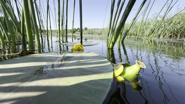Yellow water lily flowers (Nuphar lutea) blooming among floating leaves and bulrush stems on a calm sunlit river backwater under a clear blue summer sky