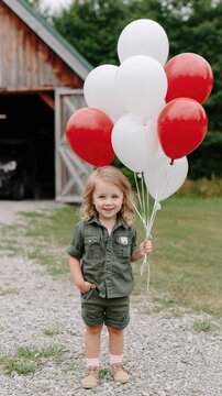 A young girl in short gray overalls smiles while standing by chickens near a barn door decorated with colorful balloons