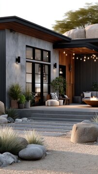 This modern desert house showcases a stylish outdoor living area with a fire pit, complementary plants, and comfortable seating