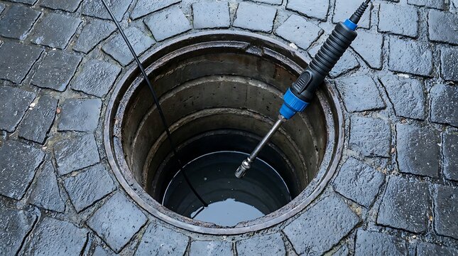 Plumber with camera inspects sewer line through open manhole cover on cobblestone street showing drainpipe interior and water below.