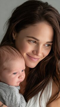 In gentle morning light, a mother gazes lovingly at her newborn, enveloped in tranquility and joy, embracing their bond