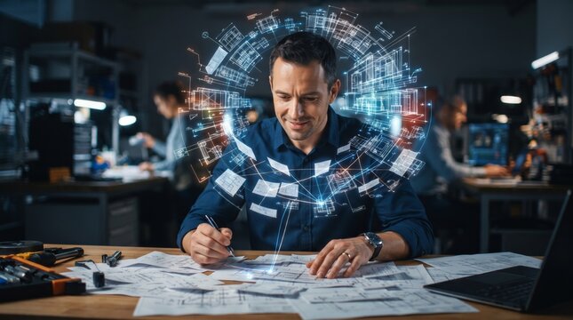 Architect interacting with a 3D hologram of a building prototype. Engineer using innovative augmented reality technology for construction project design. Digital future modeling concept.