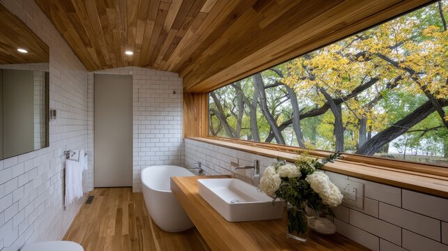 Stylish bathroom with white tiles, wooden accents, and a large window that brings in a peaceful view of greenery