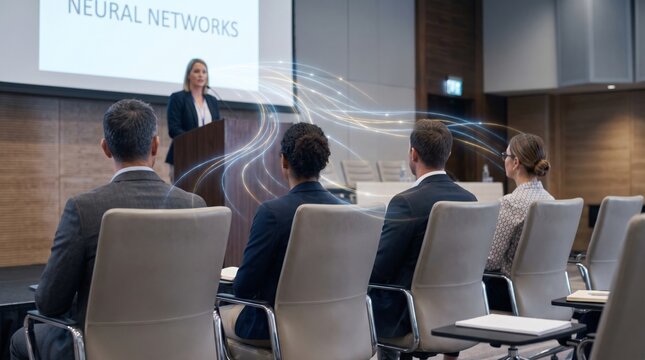 Woman speaker presenting to audience in conference room with digital neural network lines connecting people. Concept of teamwork, connectivity and business communication technology.