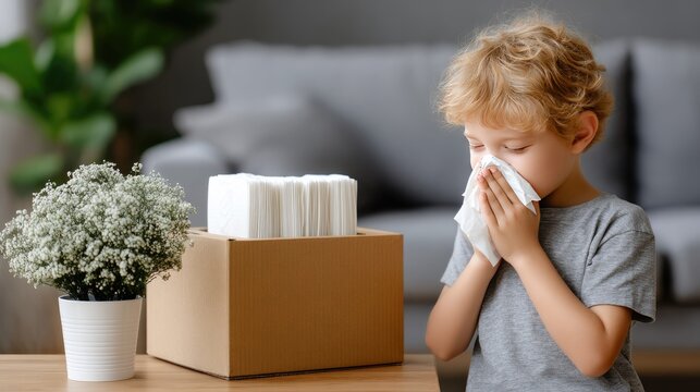 Child with curly blonde hair sits on the floor using a large tissue, looking unwell beside a box of white napkins in a living room