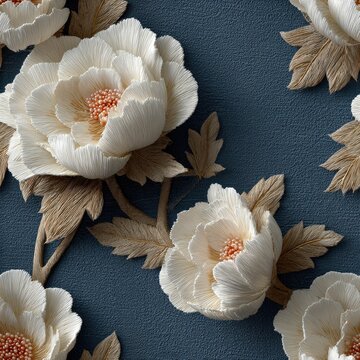 This fabric showcases a stunning arrangement of white peonies and gold pearls on a dark teal backdrop, highlighting baroque elegance SEAMLESS PATTERN
