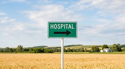 Green hospital directional sign with black arrow pointing right in rural field under blue sky with white clouds and distant trees.